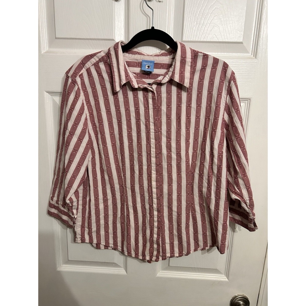 Duck Head Jeans Co. Women's L Button Up Shirt Pink White Cottagecore Lace Stripe